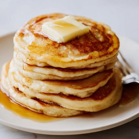 Fluffy buttermilk pancakes stacked high, drizzled with warm maple syrup and butter.  