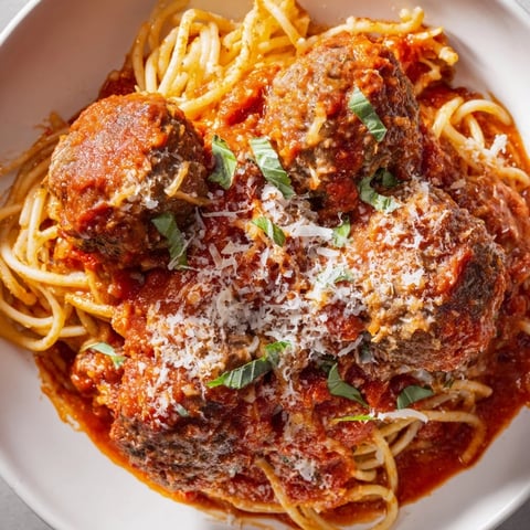 Classic spaghetti and meatballs topped with rich tomato sauce and fresh basil.  