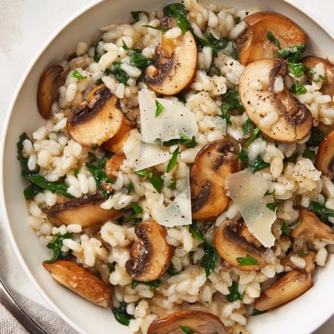 Creamy One-Pot Mushroom and Spinach Risotto with melted Parmesan and vibrant greens.