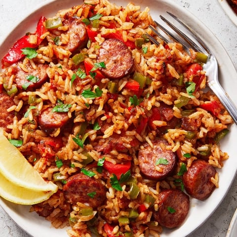 One-Pot Spicy Sausage and Rice featuring vibrant veggies and savory sausage in a skillet.  