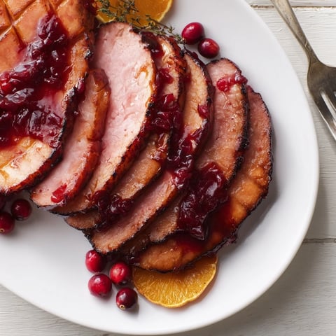 Cranberry Orange Glazed Ham topped with fresh herbs and vibrant orange slices.  