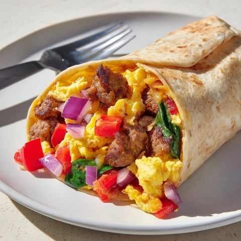 Sizzling Easy Breakfast Burrito with sausage, eggs, and fresh veggies on a plate.  