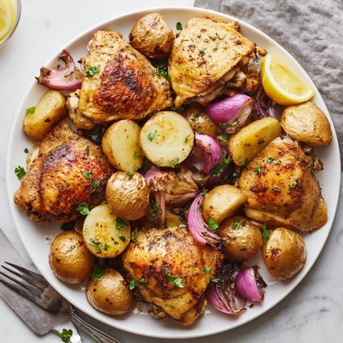Juicy One-Pan Lemon Herb Chicken and Potatoes, vibrant and beautifully roasted together.  