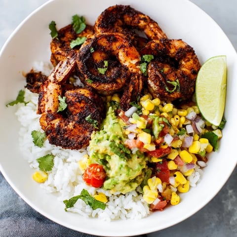 Blackened Shrimp Bowl with Avocado Corn Salsa, a colorful and zesty Southwestern delight.