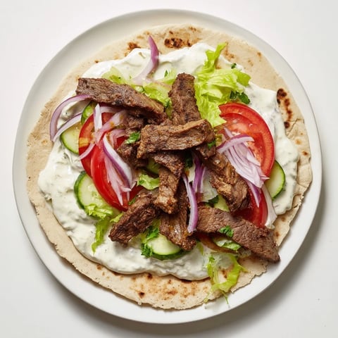 Sizzling beef shawarma wraps, a delicious Middle Eastern meal with vibrant veggies and creamy yogurt sauce.