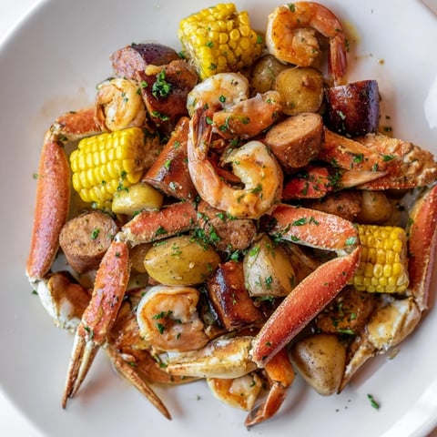 Steaming seafood boil with crab, shrimp, sausage, and corn ready for a delicious Southern feast.