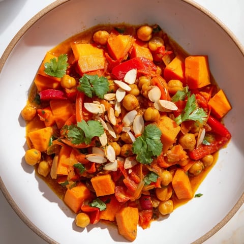 Steaming Moroccan Chickpea & Sweet Potato Tagine, a vibrant, colorful, and spiced vegan stew.
