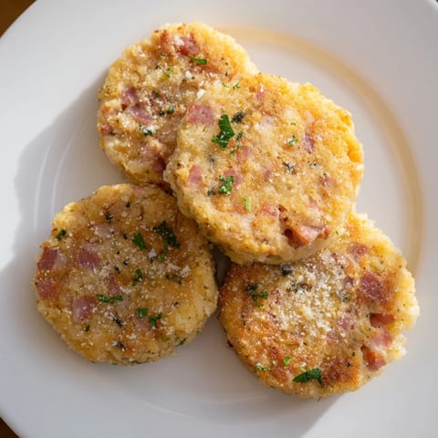 Golden-brown Depression-Era Ham & Potato Patties, crispy and delicious, ready to serve with a dipping sauce.
