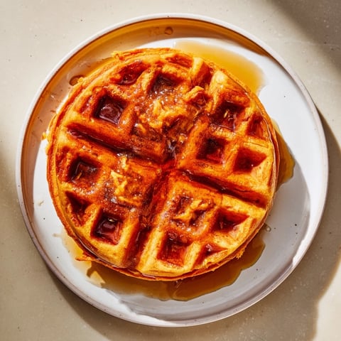 Golden-brown sweet potato waffle, crispy edges and fluffy interior, ready for maple syrup.