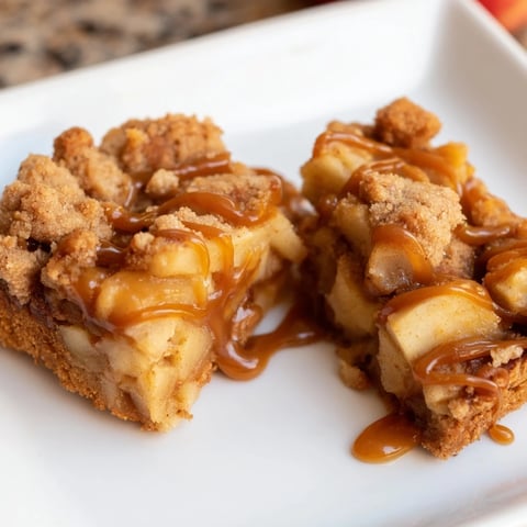 Caramel Apple Cookie Bars, fresh from the oven, with a glistening caramel drizzle and fruity apple filling.
