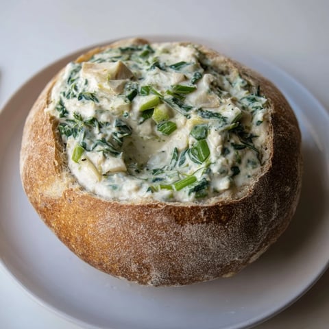Creamy spinach dip in a bread bowl, perfect for sharing at your next gathering.