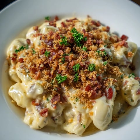 Golden-brown Sheet Pan Mac and Cheese with crispy bacon and cheesy, bubbly texture, ready to serve.