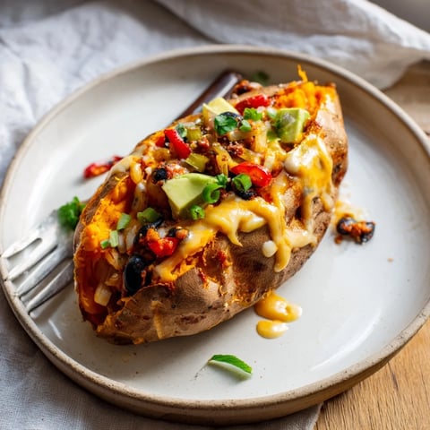 Savory Baked Sweet Potato Chili Boats overflowing with rich chili and fresh toppings, ready to eat.