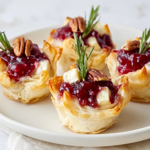 Golden, bubbly Express Cranberry Sauce Brie Bites: warm melted cheese and sweet cranberry atop pastry.
