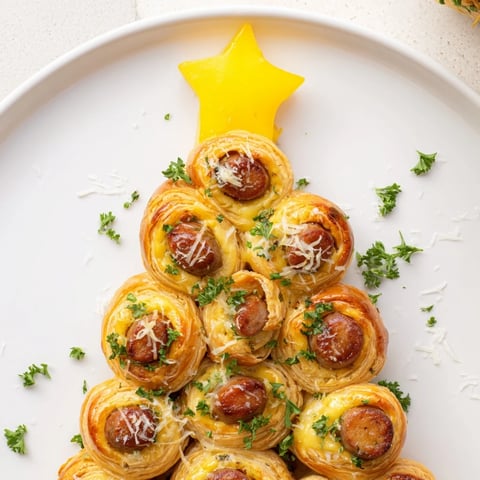 Golden-brown Express Pigs in Blanket Christmas Tree arranged with a star, ready for quick enjoyment and dipping.