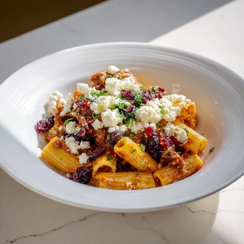 Golden-brown Cranberry-Sage Feta Pasta Bake bubbling from the oven, ready to serve with fresh parsley.