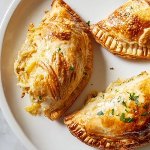 Golden, flaky Chicken Piccata Mini Hand Pies, filled with savory lemon chicken and capers, are ready to enjoy.