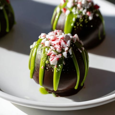 Vibrant green Matcha Dark Chocolate Peppermint Truffles, dusted with matcha, resting elegantly ready to be enjoyed.