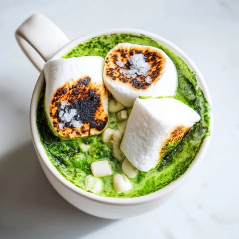 Golden toasted marshmallow topping a mug of vibrant, creamy Toasted Marshmallow Campfire Matcha Hot Cocoa.