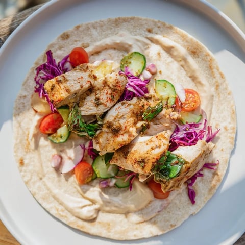 A vibrant close-up shows a Greek Yogurt Chicken Shawarma Christmas Wrap, showcasing flavorful grilled chicken and fresh herbs.
