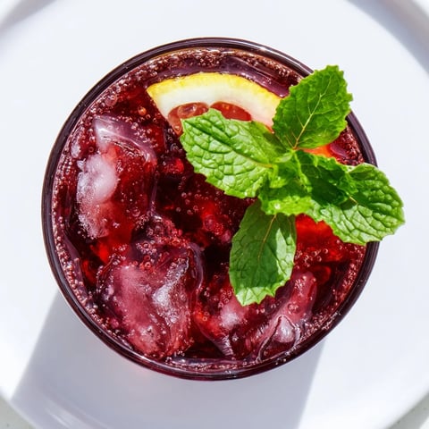 Sleepy Girl Cherry Mocktail, a vibrant red drink with mint and lemon, perfect for pre-bedtime sipping.