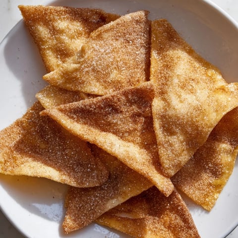 Golden, crispy cinnamon sugar tortilla chips, a sweet and simple dessert snack.