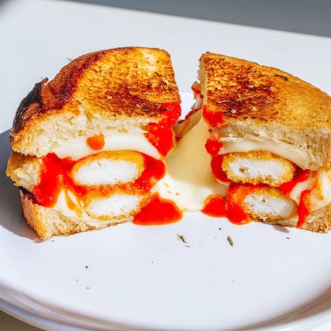 Melted mozzarella oozes from a golden-brown Mozzarella Stick Grilled Cheese sandwich, a satisfying meal.
