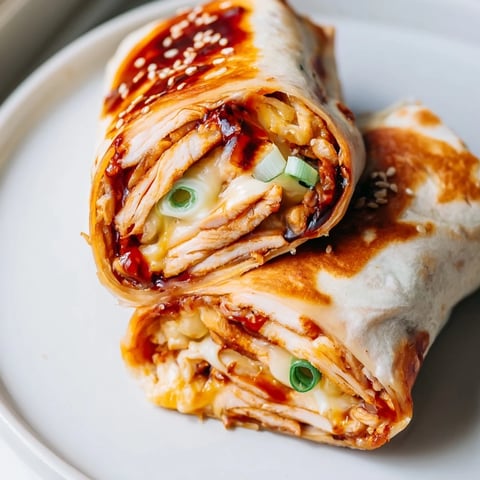 Golden crust Korean BBQ Chicken Wrap Grilled Cheese, oozing with melted cheese and savory chicken filling.