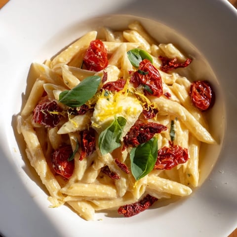 A vibrant image shows the rich, creamy Baked Feta Pasta with Sun-Dried Tomatoes, ready to serve.