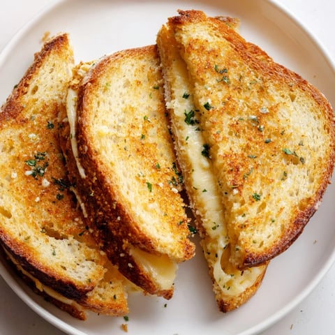 Golden brown Garlic Butter Mayo Grilled Cheese, with melted cheese oozing between crispy, toasted sourdough.