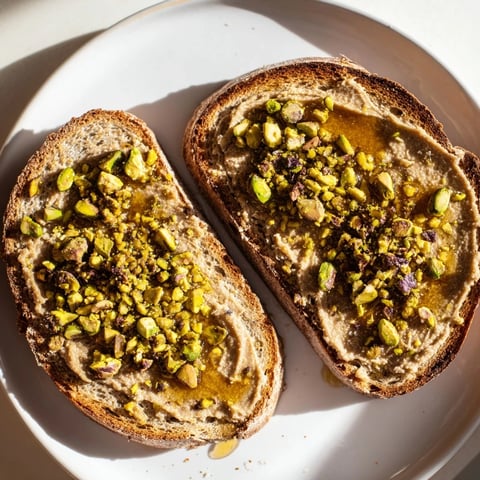 Golden-brown Pistachio Butter Toast topped with glistening honey and crunchy, chopped pistachios.