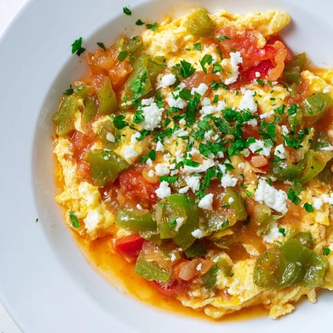 Vibrant Turkish Menemen with soft scrambled eggs, tomatoes, and peppers, perfect for a flavorful breakfast.