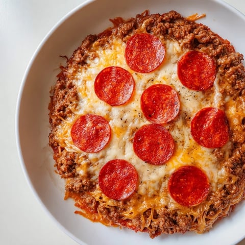 Sizzling Meat Pizza Pepperoni Stack with melted mozzarella and perfectly browned ground beef.
