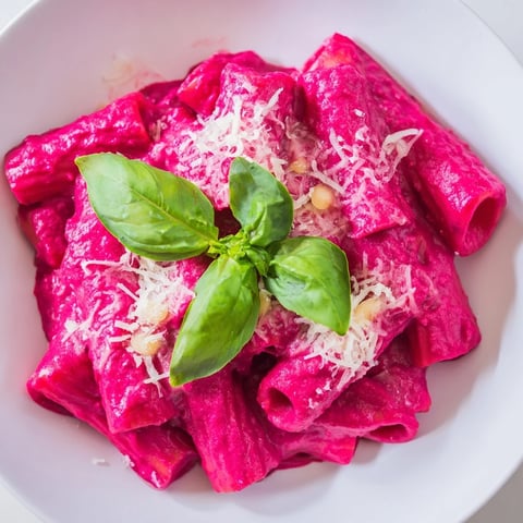 Vibrant pink penne coated in a silky beet cream sauce, garnished with fresh basil and extra Parmesan on a rustic kitchen table.