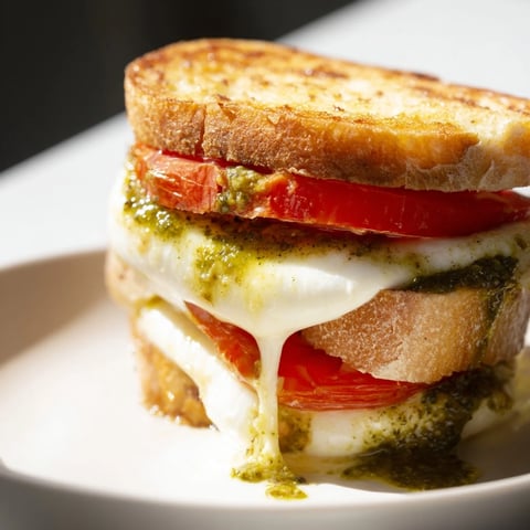 Melting mozzarella and bright tomato slices peek from a golden grilled Caprese Pesto Grilled Cheese sandwich.