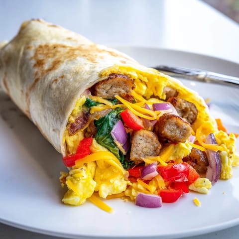 Deliciously wrapped Easy Breakfast Burrito fully loaded with cheesy eggs and sausage.  