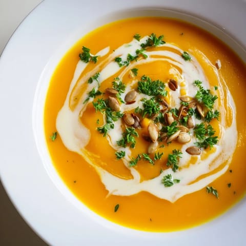 Close-up of a bowl of the smooth butternut squash & pear soup with a swirl of cream.