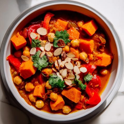 A close-up of a bubbling Moroccan Chickpea & Sweet Potato Tagine, perfect for any cozy dinner.