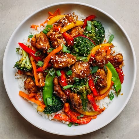 Steaming bowl of Chicken Stir-Fry with glistening sauce and vegetables, perfect for dinner.
