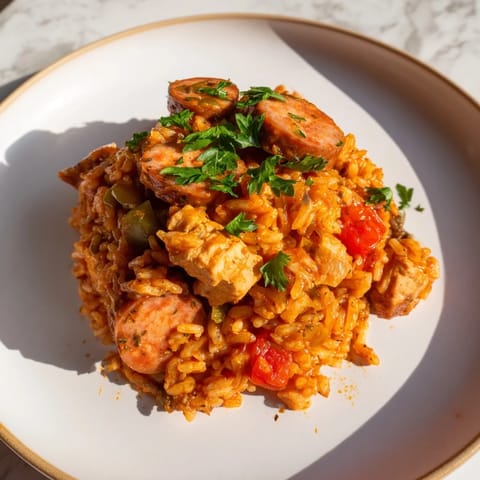 Savory, baked Simple Chicken and Sausage Jambalaya, showing tender chicken pieces with juicy tomatoes and rice.