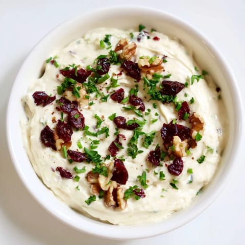 A close-up of the lightened holiday cream cheese dip, showing its smooth texture and walnut garnish.