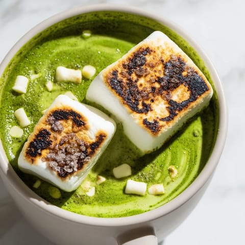 Steaming Toasted Marshmallow Campfire Matcha Hot Cocoa: a delicious blend of matcha and toasted marshmallows ready to be enjoyed.
