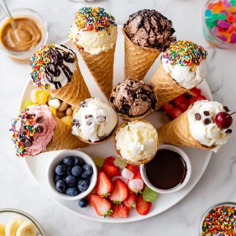 See an Ice Cream Cone Grazing Board, a fun dessert party idea, loaded with ice cream and treats.