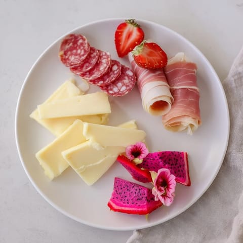Flamingo Paradise Board: A colorful grazing board with fruit, cheeses, and meats ready to serve.