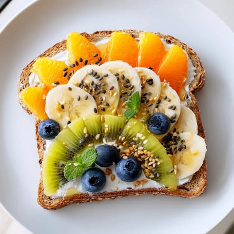 Delicious Morning Sun Breakfast Toast Designs: Toasted bread artistically decorated with fresh fruit and seeds.