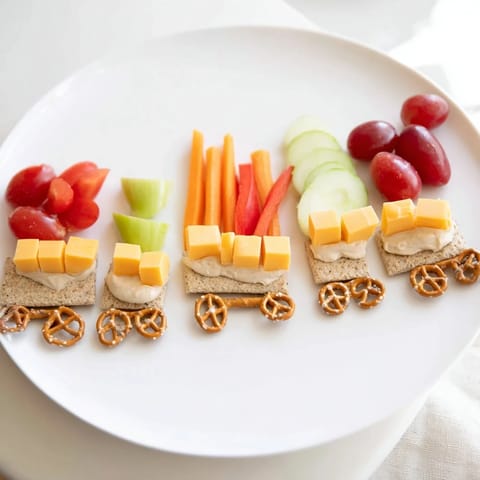Choo Choo Train Snack Track loaded with colorful fruits, veggies, cheese and crackers, ready to eat!