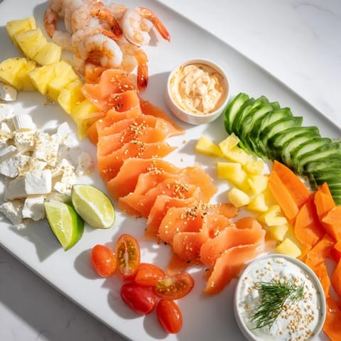 Beautifully arranged Wave Rider Surfer Snack Board featuring fresh seafood, colorful fruits, and crunchy elements.