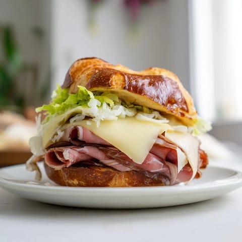 Festin du Château Royal sandwiches feature layers of ham, cheese, and fresh greens, ready to eat.