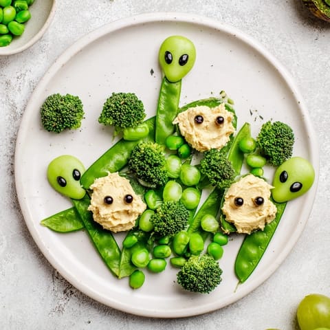Vibrant Attaque dExtraterrestres snacks, showcasing green veggies and playful guacamole alien faces ready to enjoy.