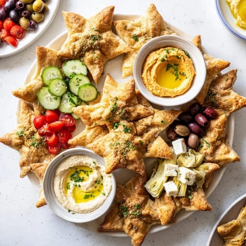 Vibrant Three Kings Star Pita Board, a Mediterranean appetizer bursting with colorful dips, pita stars, and feta.